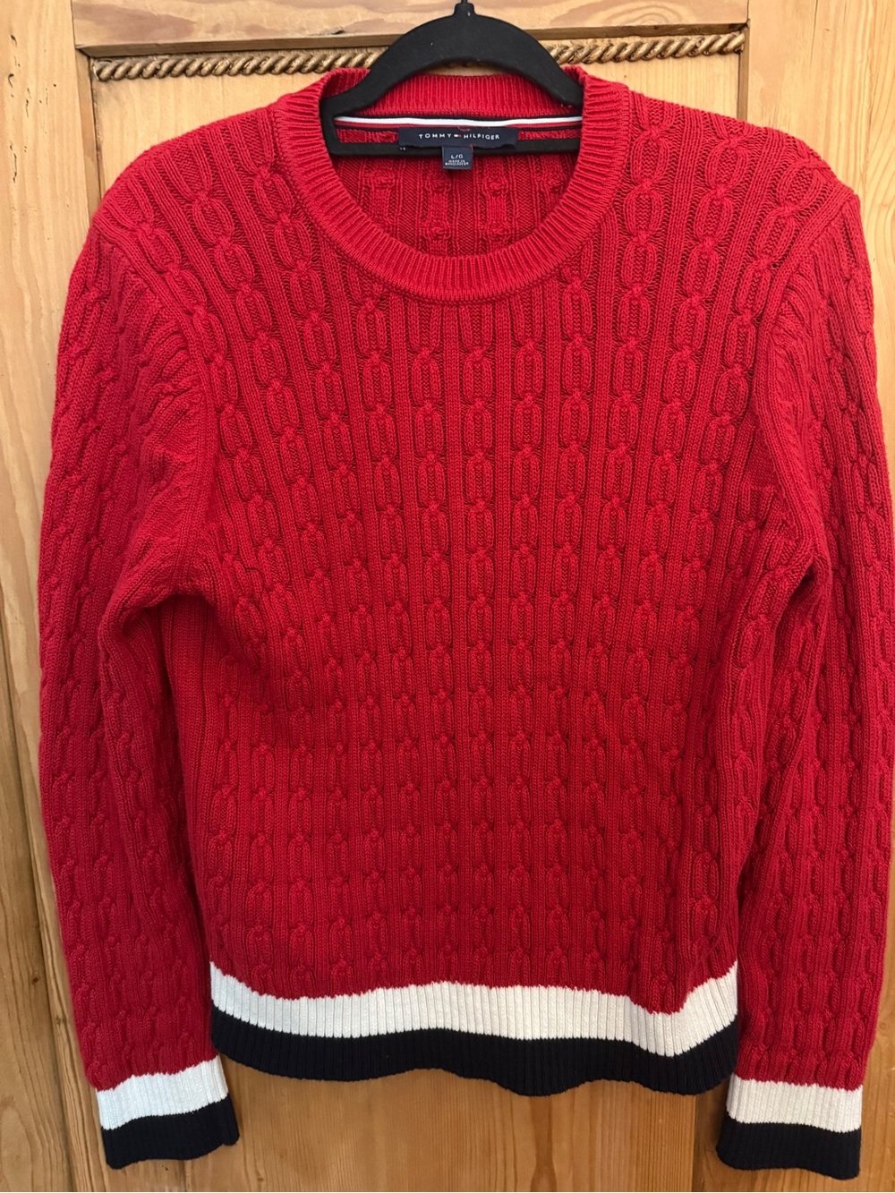 Tommy Hilfiger Red Cable Knit Crewneck Sweater with White & Navy Trim
